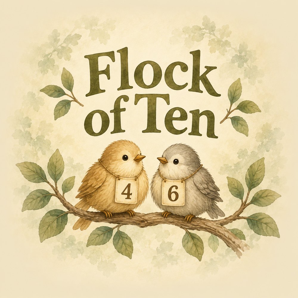 Flock of Ten: two small round birds on a branch, one wearing a 4 and one wearing a 6