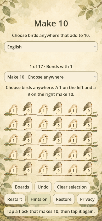 A Make 10 board: five rows of birds wearing 1s and 9s